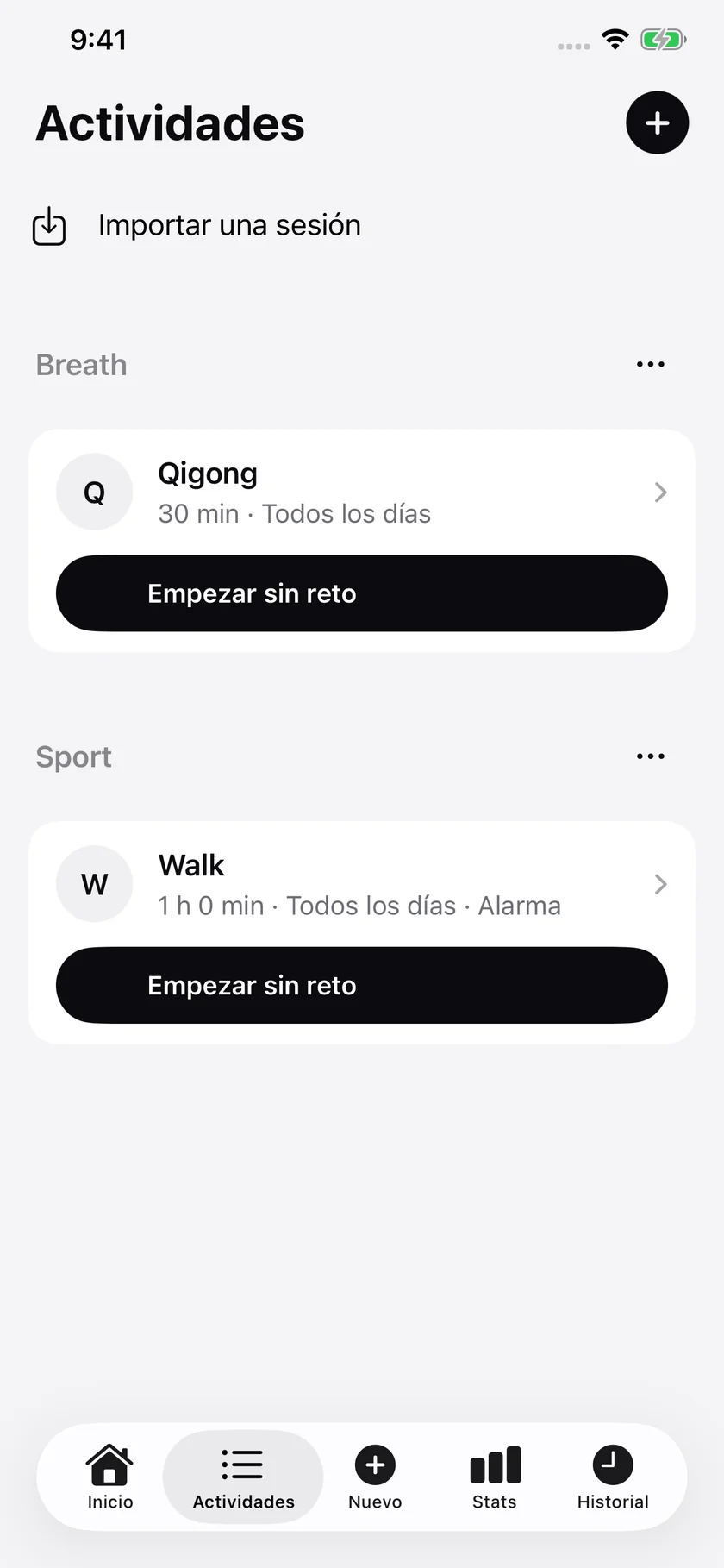 Actividades · Importar una sesión