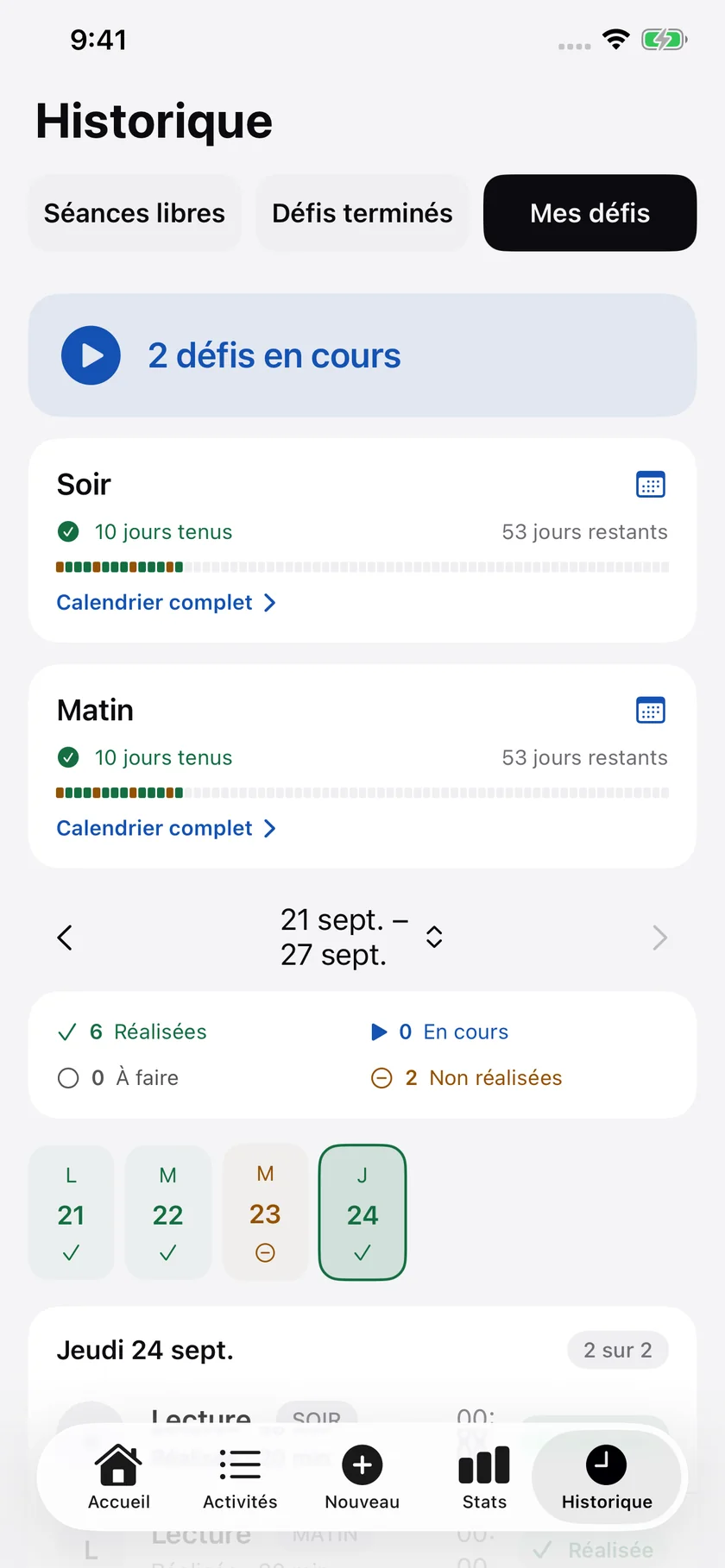 L’historique de vos défis.
