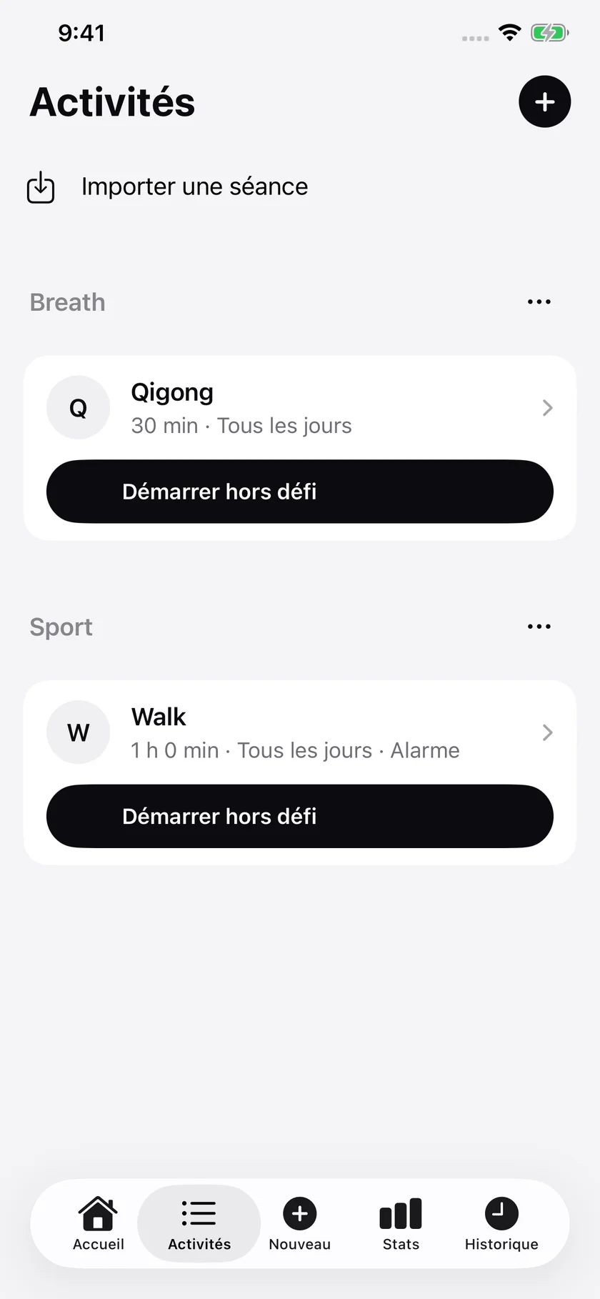 Activités · Importer une séance